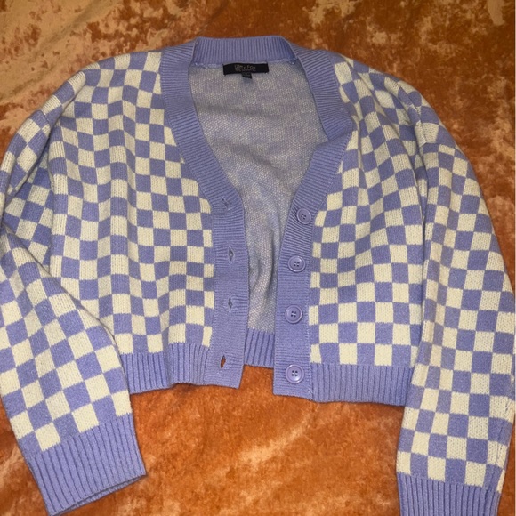 Purple and White Checkered Cardigan and Tank Top - Picture 2 of 6